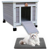 Rockever outdoor cat house with soft mat showing a cozy wooden shelter for outdoor cats and small pets