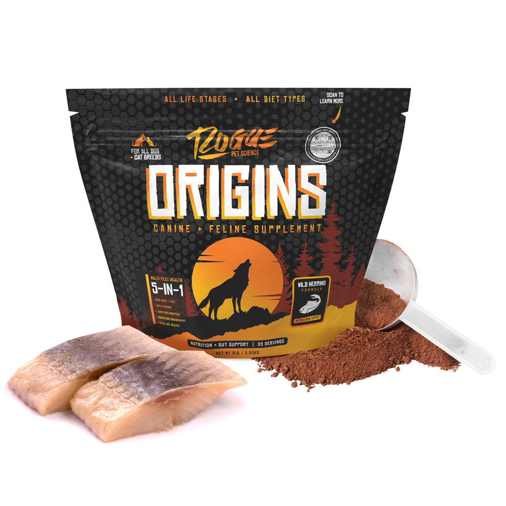 Rogue Pet Science Origins 5-in-1 bottle promotes digestion.