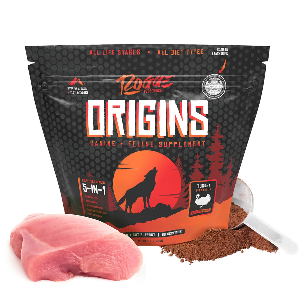 Rogue Pet Science Origins turkey powder topper added to dog bowl for digestion support