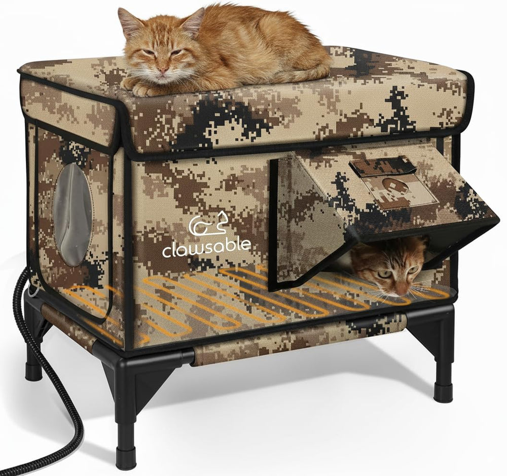 Rolimate indestructible heated cat house in desert camouflage offers durable outdoor shelter.