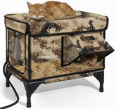Rolimate indestructible heated cat house in desert camouflage offers durable outdoor shelter.