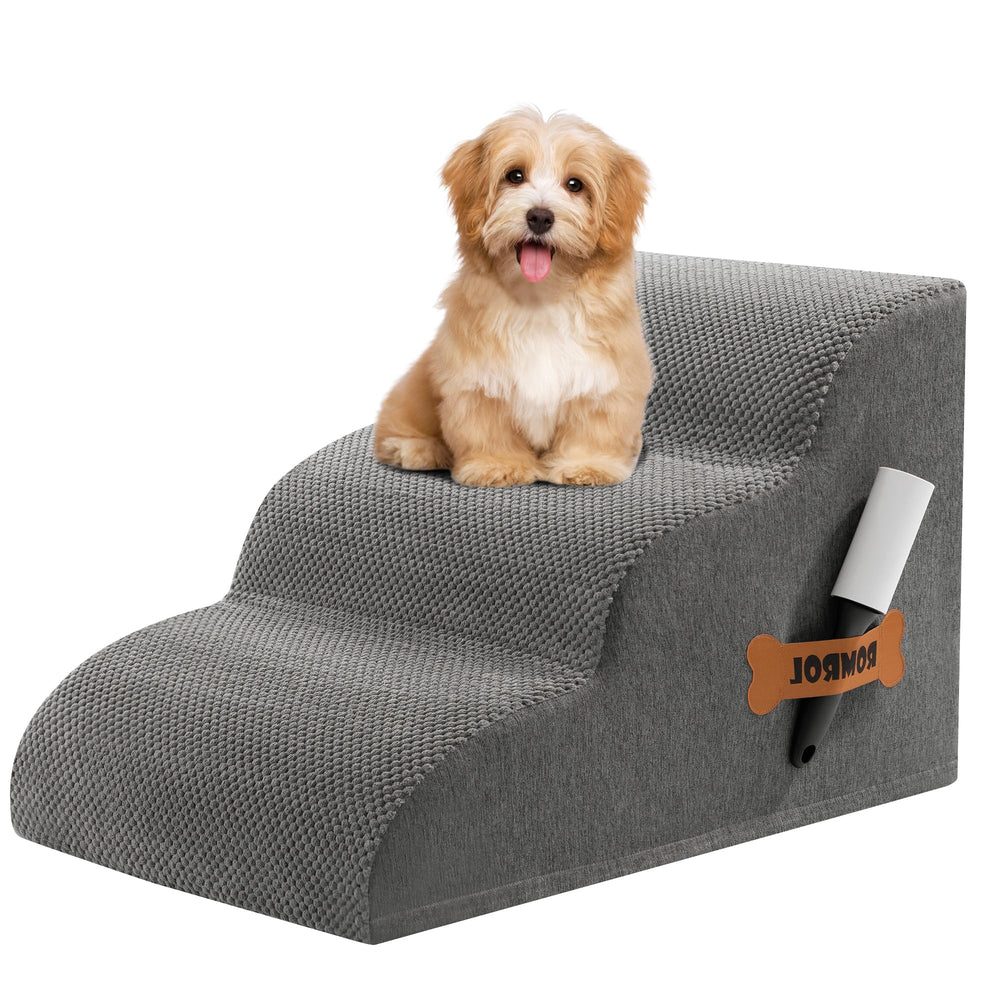 ROMROL dog stairs front view in grey, 3-step design for easy bed access