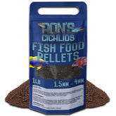 RON'S CICHLIDS cichlid pellets bottle label signals USA-made quality and balanced nutrition.