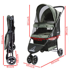 ROODO 3-wheel pet stroller rear view, stable ride for pets up to 30 lbs.