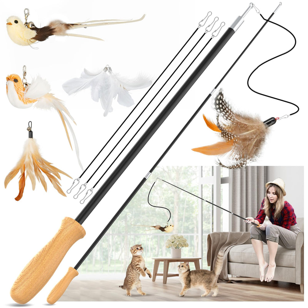 ROSAUI Cat Teaser Wand wooden handle close-up highlights comfortable grip for extended play.