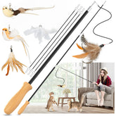 ROSAUI Cat Teaser Wand wooden handle close-up highlights comfortable grip for extended play.