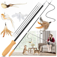 ROSAUI Cat Teaser Wand wooden handle close-up highlights comfortable grip for extended play.