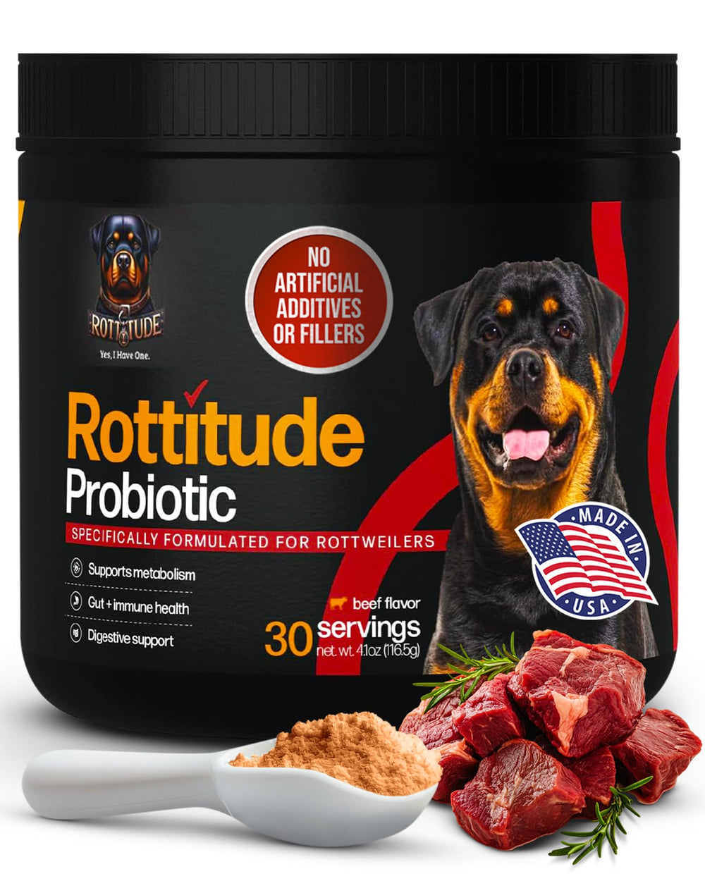 Rottitude Probiotics bottle with scoop for daily digestive support.