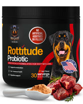 Rottitude Probiotics bottle with scoop for daily digestive support.