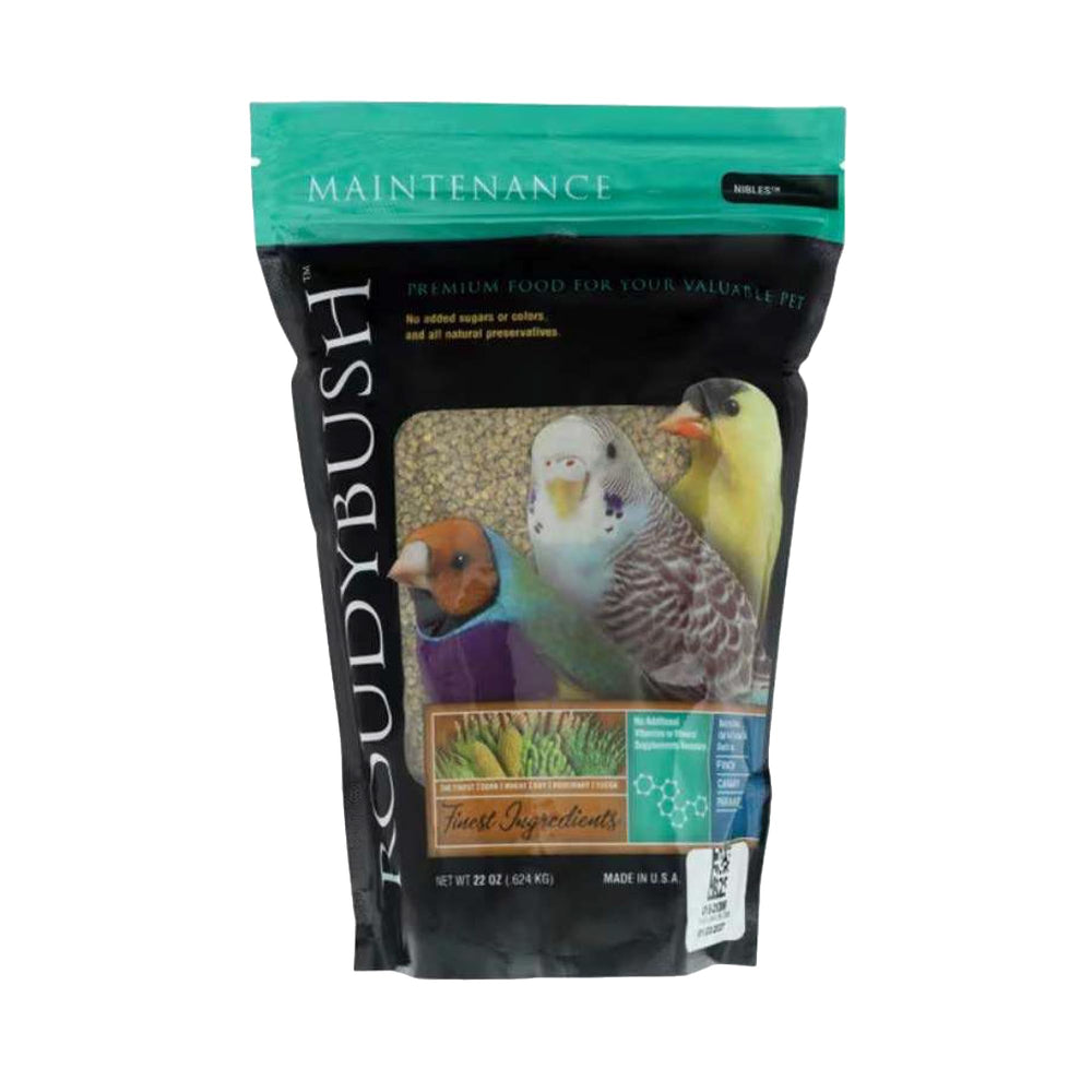 Roudybush Daily Maintenance pellets in a bowl showing balanced nutrition for adult birds