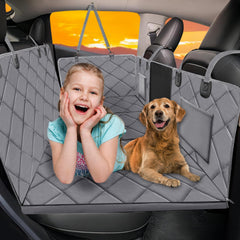 ROUWINNE back seat extender shows wide coverage for large dogs on car trips