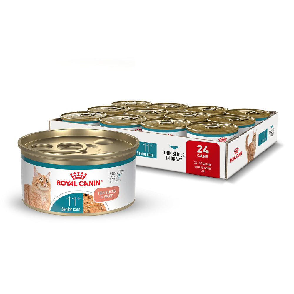 Royal Canin Aging 11 Plus wet slices in gravy support senior cat appetite and vitality.
