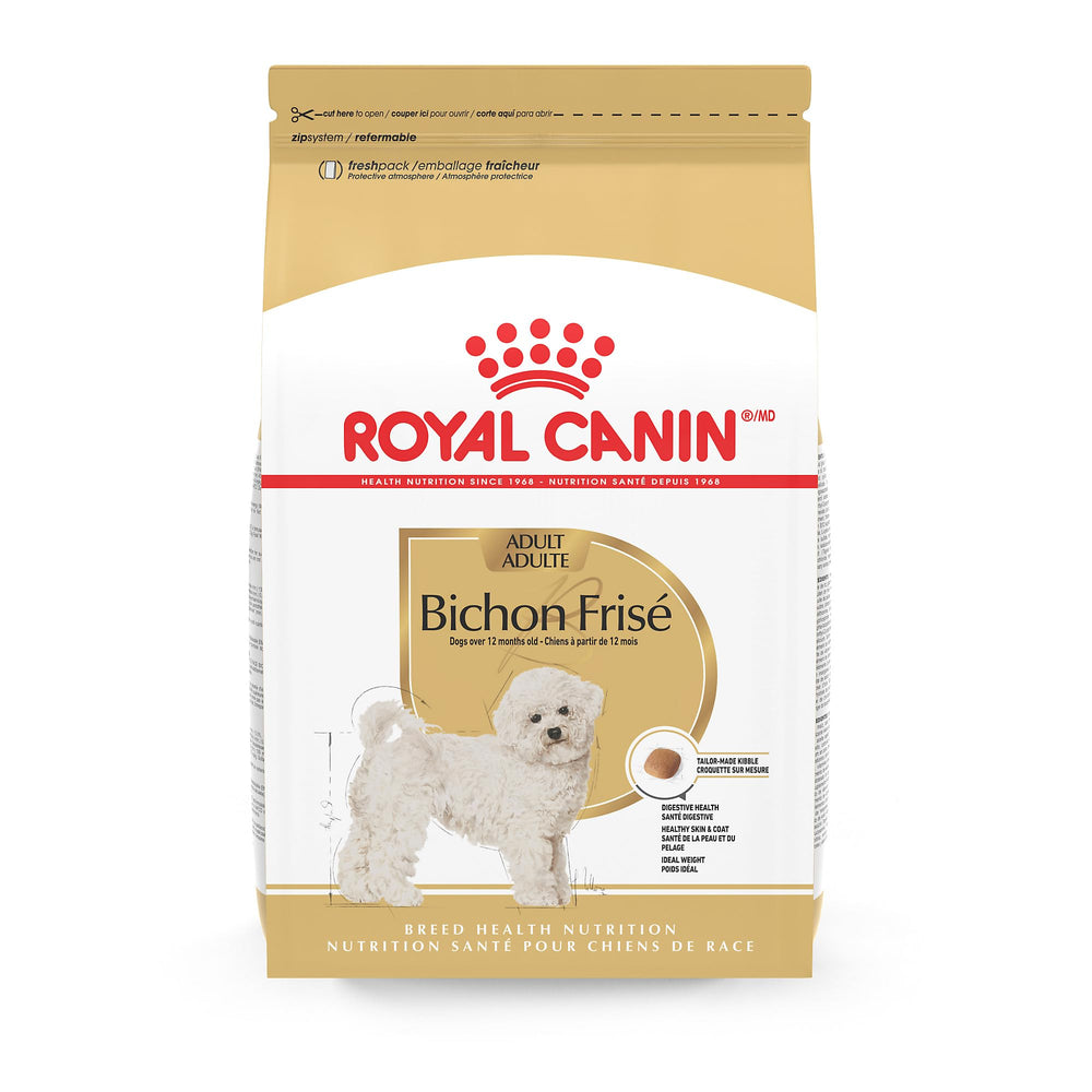 Royal Canin Bichon Frise Adult dry dog food bag highlighting breed-specific nutrition.