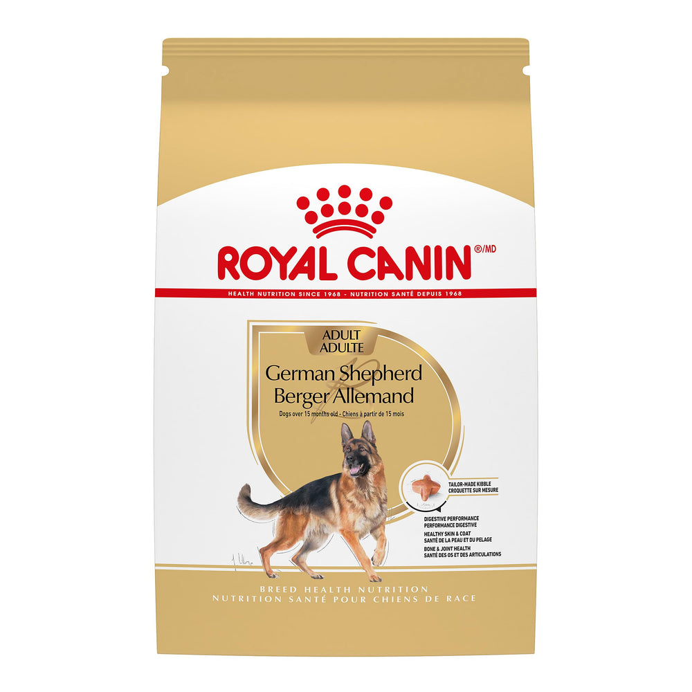 Royal Canin German Shepherd Adult Dry Dog Food bag showing breed-specific nutrition for large dogs.