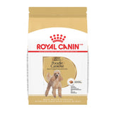 Royal Canin Breed Health Poodle Adult dry food bag on counter, skin and coat support.