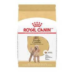 Royal Canin Breed Health Poodle Adult dry food bag on counter, skin and coat support.