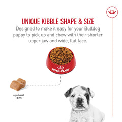 Royal Canin Bulldog Puppy packaging highlighting minerals for bone growth