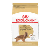 Royal Canin Cocker Spaniel Adult bag highlights breed-specific nutrition supporting weight and coat health.
