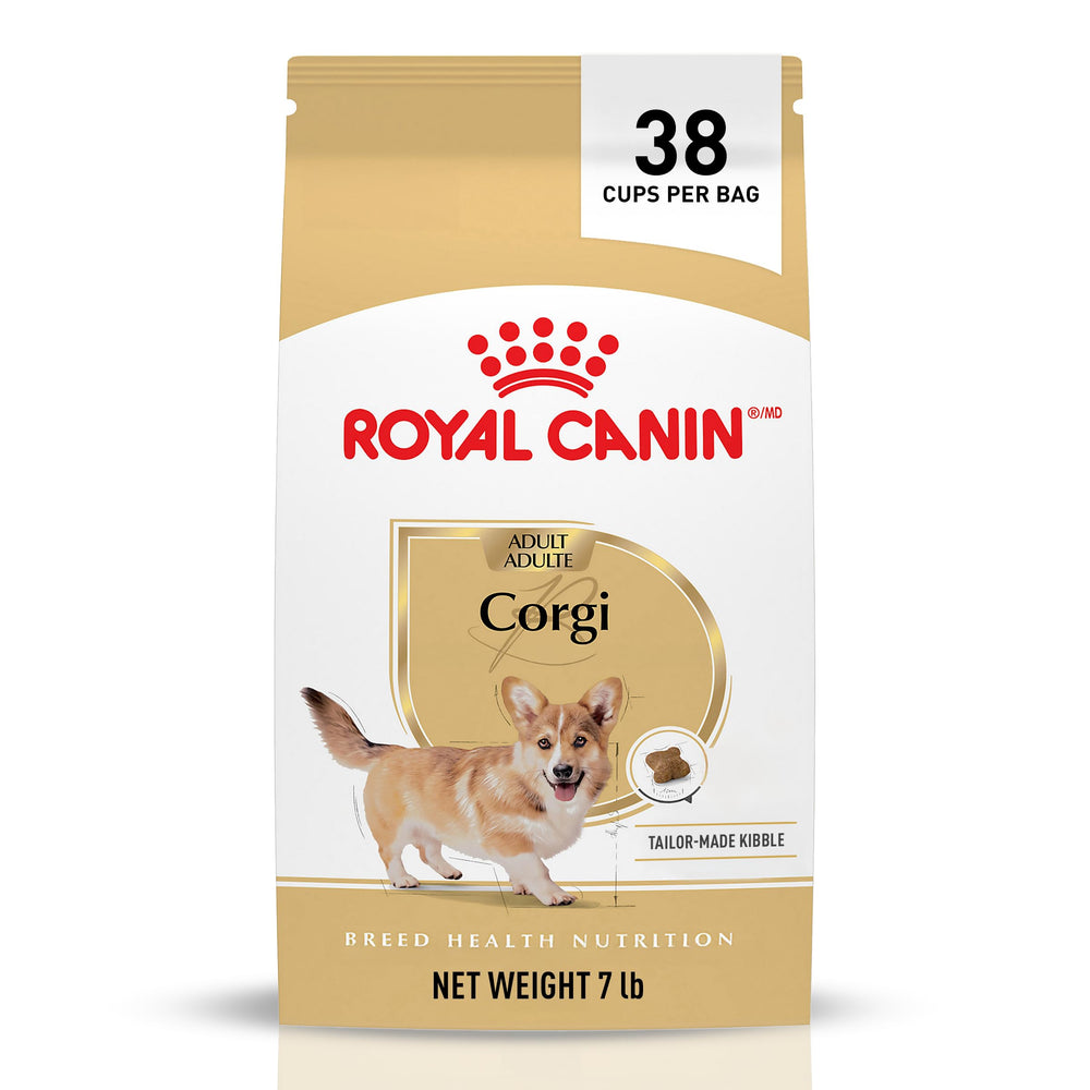 Royal Canin Corgi Adult bag showing a convenient 7 lb packaging for daily feeding