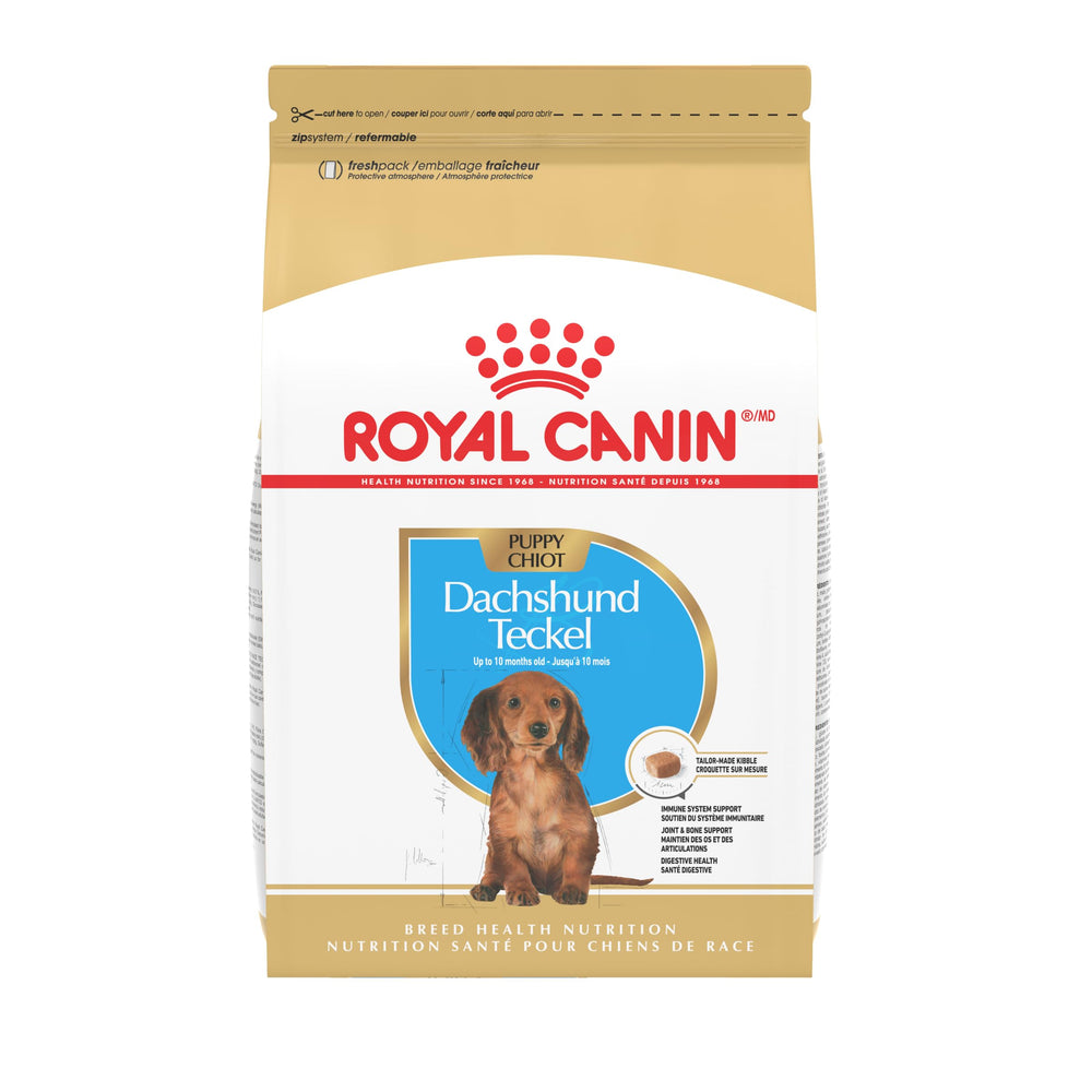 Royal Canin Dachshund Puppy dry food bag shows breed-specific formula for puppies.