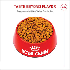 Close-up of Royal Canin donut-shaped kibble to slow fast eating.
