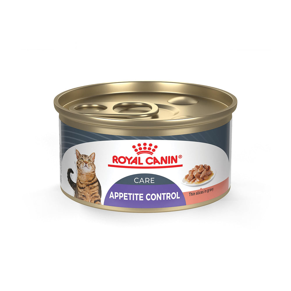 Royal Canin Feline Care Appetite Control tin close-up with slices in gravy for satiety
