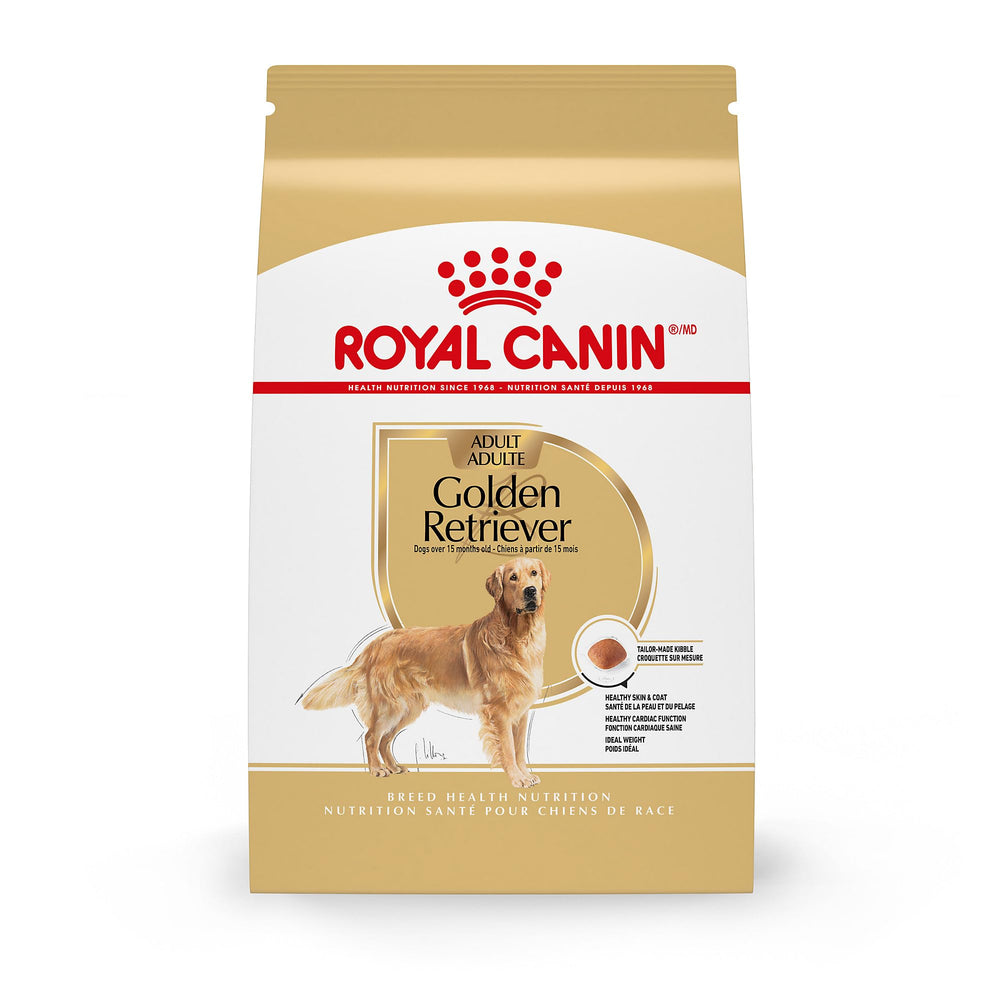 Royal Canin Golden Retriever Adult Dry Dog Food bag showing large-breed nutrition and weight control benefits