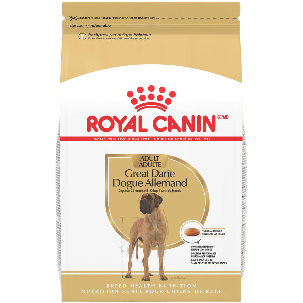Royal Canin Great Dane Adult dry dog food bag 30 lb, easy to store and portion.