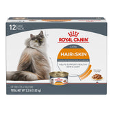 Royal Canin Hair & Skin Care wet cat food in gravy highlights a glossy coat and balanced nutrition