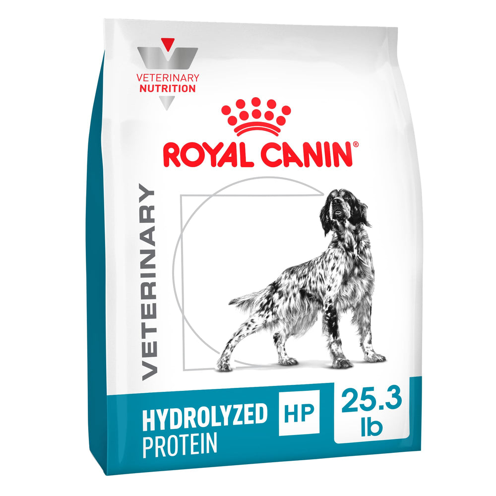Royal Canin HP hypoallergenic dry dog food bag shown for sensitive diets