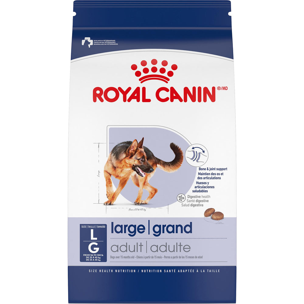 Royal Canin large-breed kibble in bowl, highly palatable for big dogs