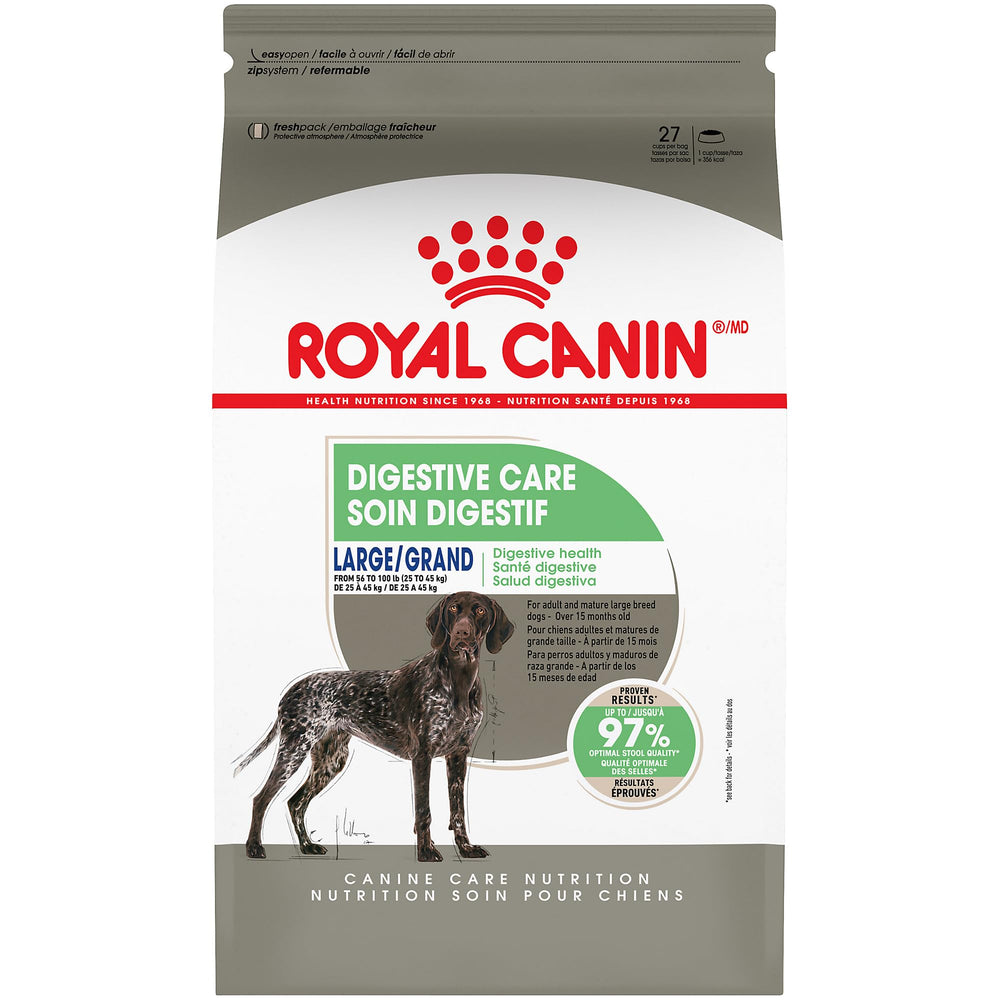 Royal Canin Large Digestive Care dry dog food bag demonstrates balanced digestion for large dogs.