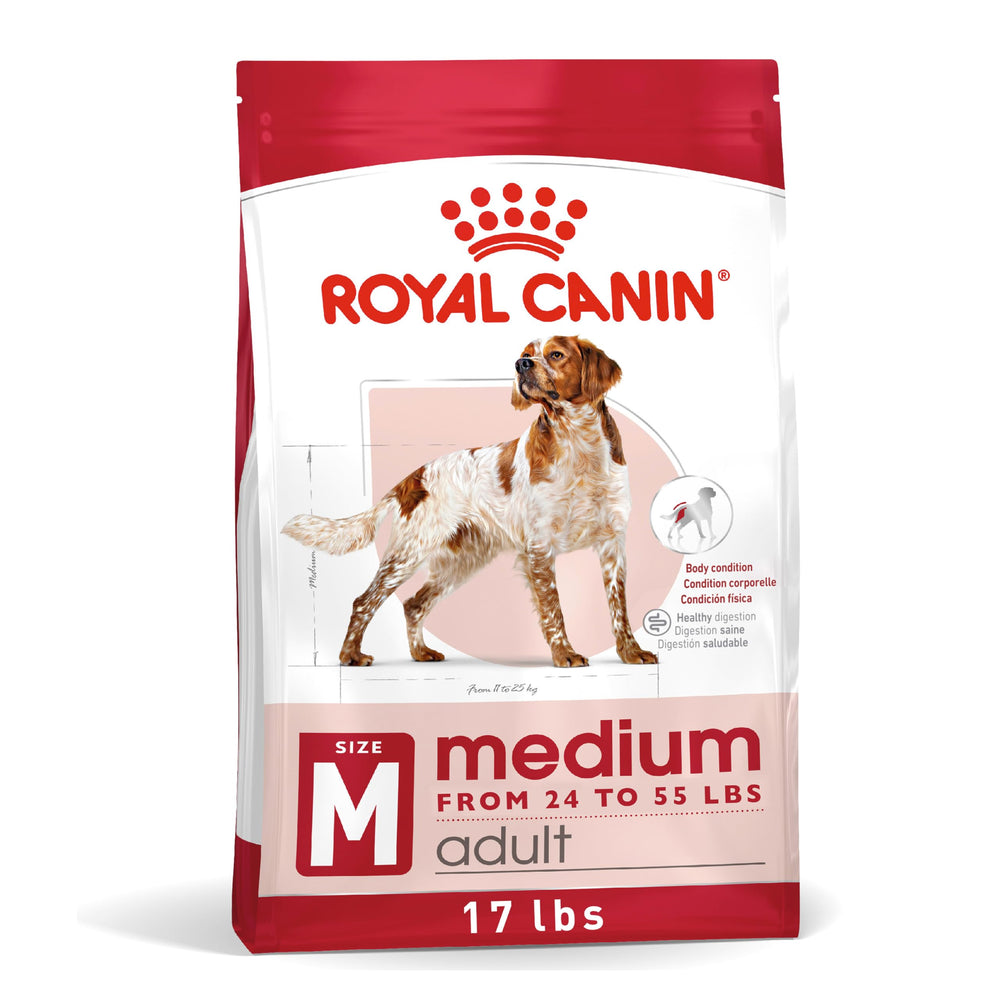 Royal Canin Medium Adult Dry Dog Food bag showing balanced nutrition for 23β55 lb dogs
