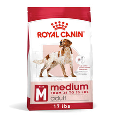 Royal Canin Medium Adult Dry Dog Food bag showing balanced nutrition for 23β55 lb dogs