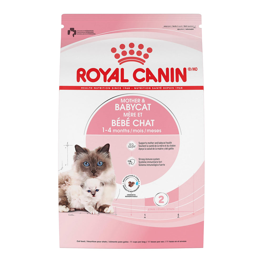 Royal Canin Mother & Babycat dry kibble for small kitten jaws; easy transition from milk.