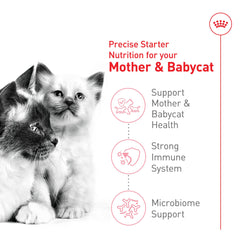 Royal Canin Mother & Babycat prebiotics and digestible proteins support digestion.