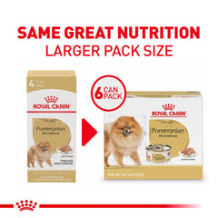 Closeup of the can shows Royal Canin Pomeranian Adult Loaf in Sauce texture and rich sauce.