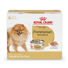 Royal Canin Pomeranian Adult Loaf in Sauce pack of six, ideal for small breed meals.