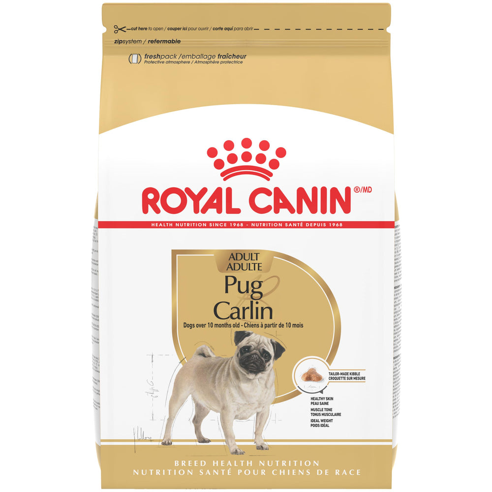 Royal Canin Pug Adult kibble close-up designed for a flat-faced muzzle