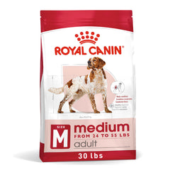 Royal Canin Size Health Nutrition Medium Adult dry dog food bag highlighting balanced nutrition for medium breeds