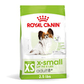 Royal Canin Size Health Nutrition X-Small 8+ bag shown for balanced senior nutrition.