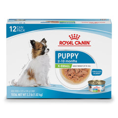 Royal Canin X-Small Puppy wet food packaging shows tailored nutrition for tiny breeds