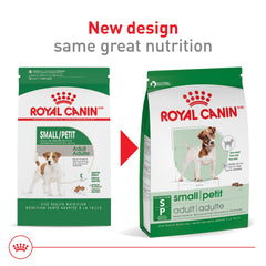 Royal Canin Small Adult dry kibble close-up highlighting easy-to-digest recipe and fiber balance.