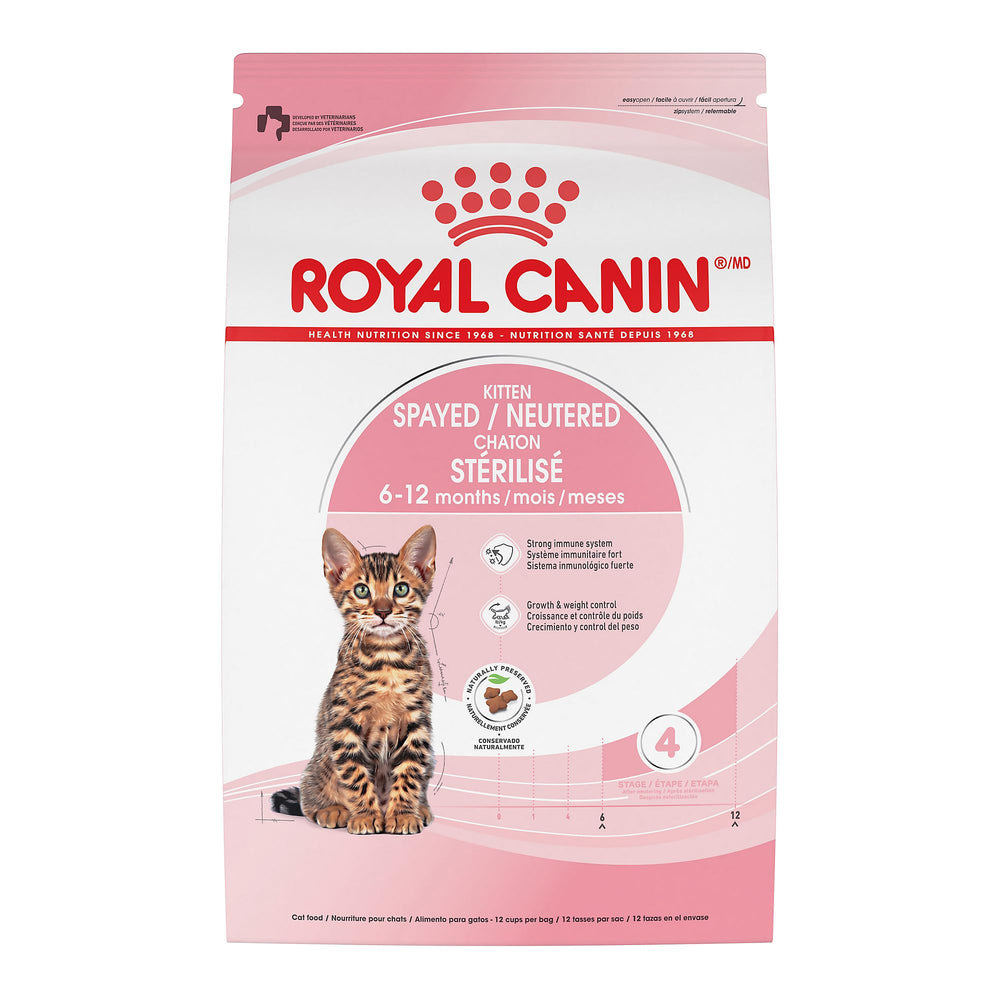 Royal Canin spayed/neutered kitten dry food bag highlighting growth support.