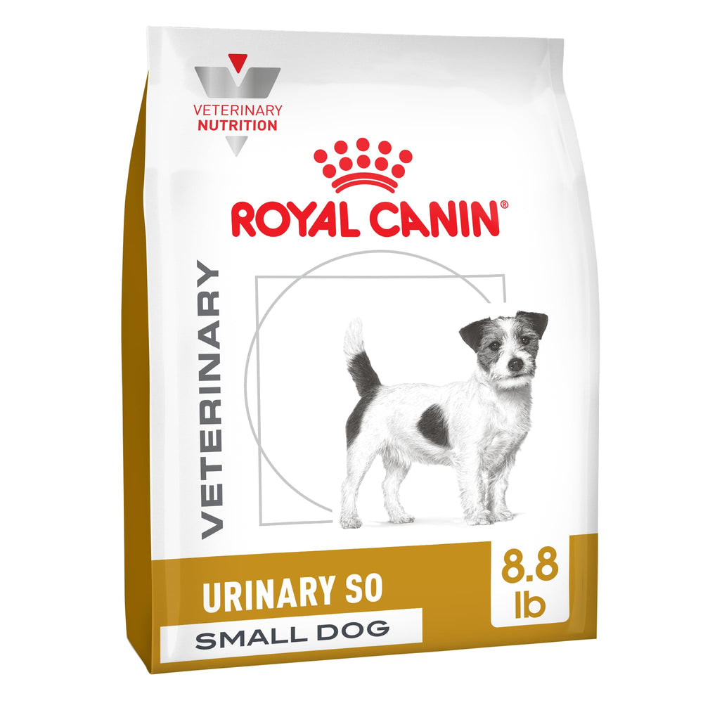 Royal Canin Urinary SO small-breed bag front emphasizing veterinary-grade urinary support for small dogs.