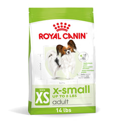 Royal Canin X-Small Adult dry dog food bag showing balanced nutrition for tiny breeds