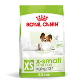Royal Canin X-Small Aging 12+ bag front shows precise nutrition for tiny senior dogs.