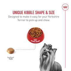 Royal Canin Yorkshire Terrier dental-friendly kibble encourages chewing to support tartar management.