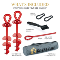 Royal Paw ground anchor for dogs used in yard, beach, or camping scenarios.