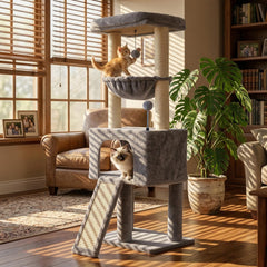Roypet cat tree with dangling pom-poms invites playful activity